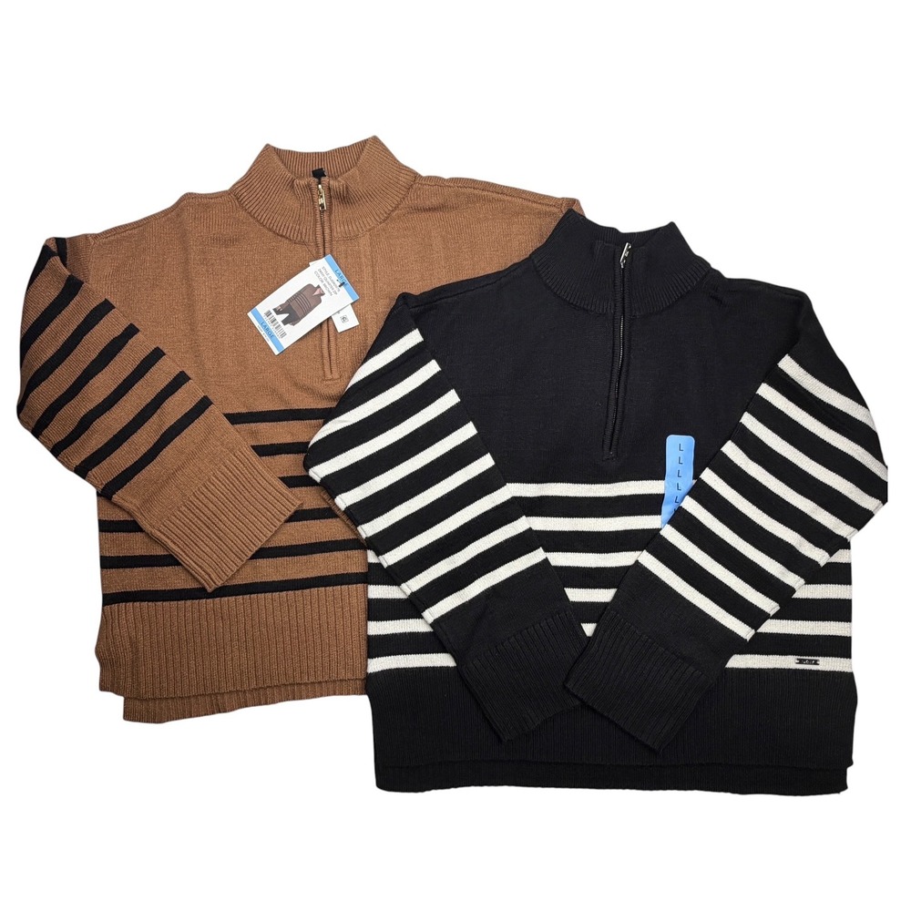 DKNY Sweaters Womens Large Lot of 2 Striped Quarter Zip Brown Black Cream NEW